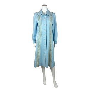 Vintage 70s Shirt Dress Women's Large Baby Blue Lace Trim Long Sleeved Shift